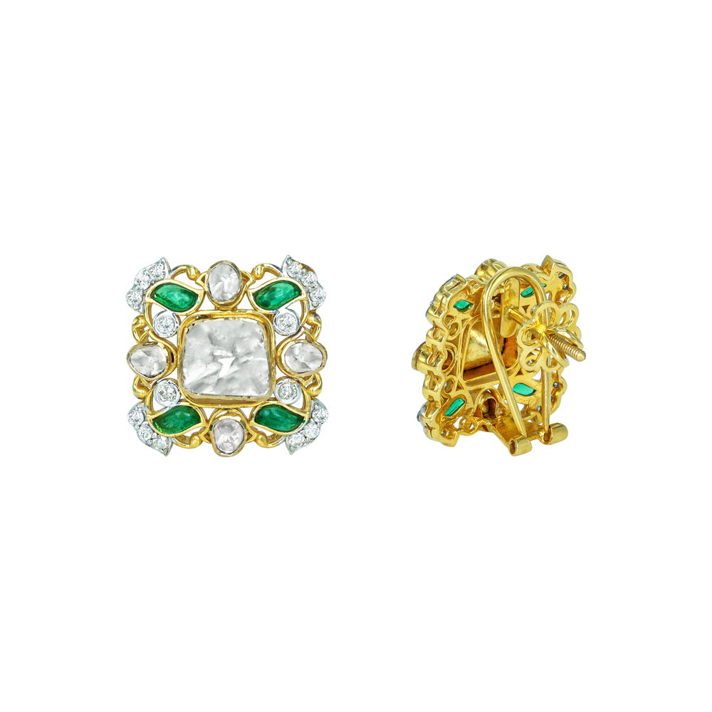 Square Polki Earrings with Emerald Leaves and Gold Filigree